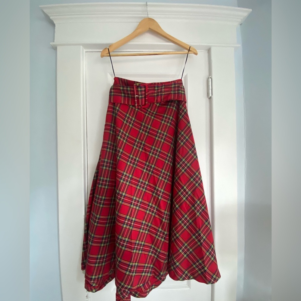 Red Plaid Circle Skirt With Belt